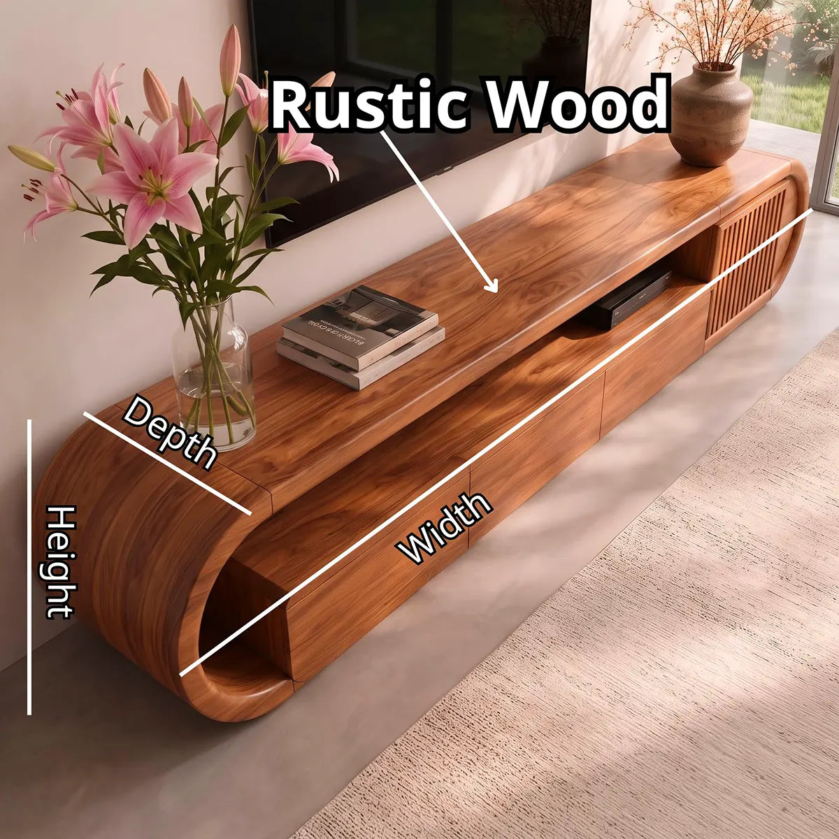 Modern TV Stand with 3 Drawers, Open Shelf & Fluted Cabinet | Curved Media Console
