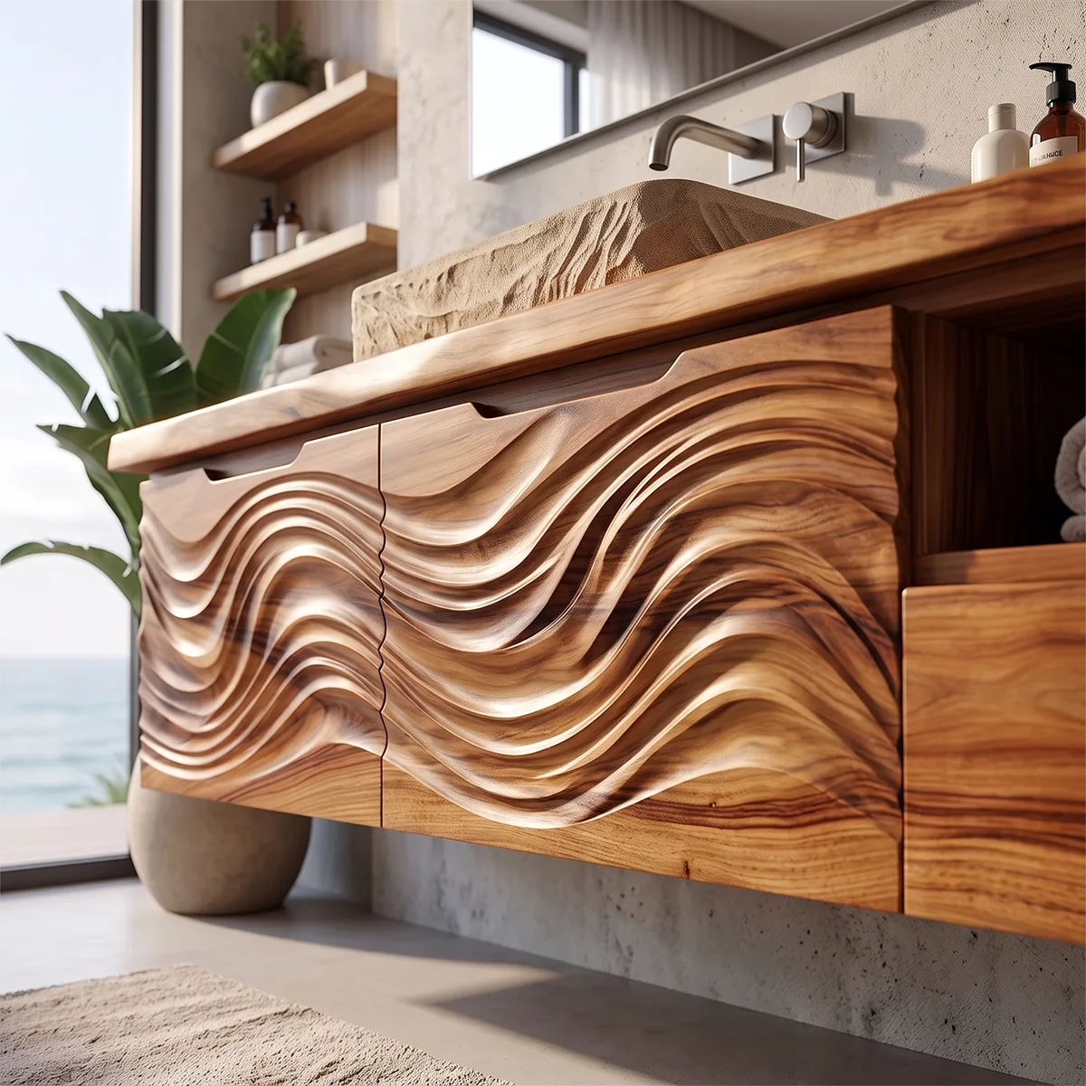 Modern Floating Bathroom Vanity with Wave Carved Cabinet, Open Shelf & Storage Drawer TH003-1MBE1JF