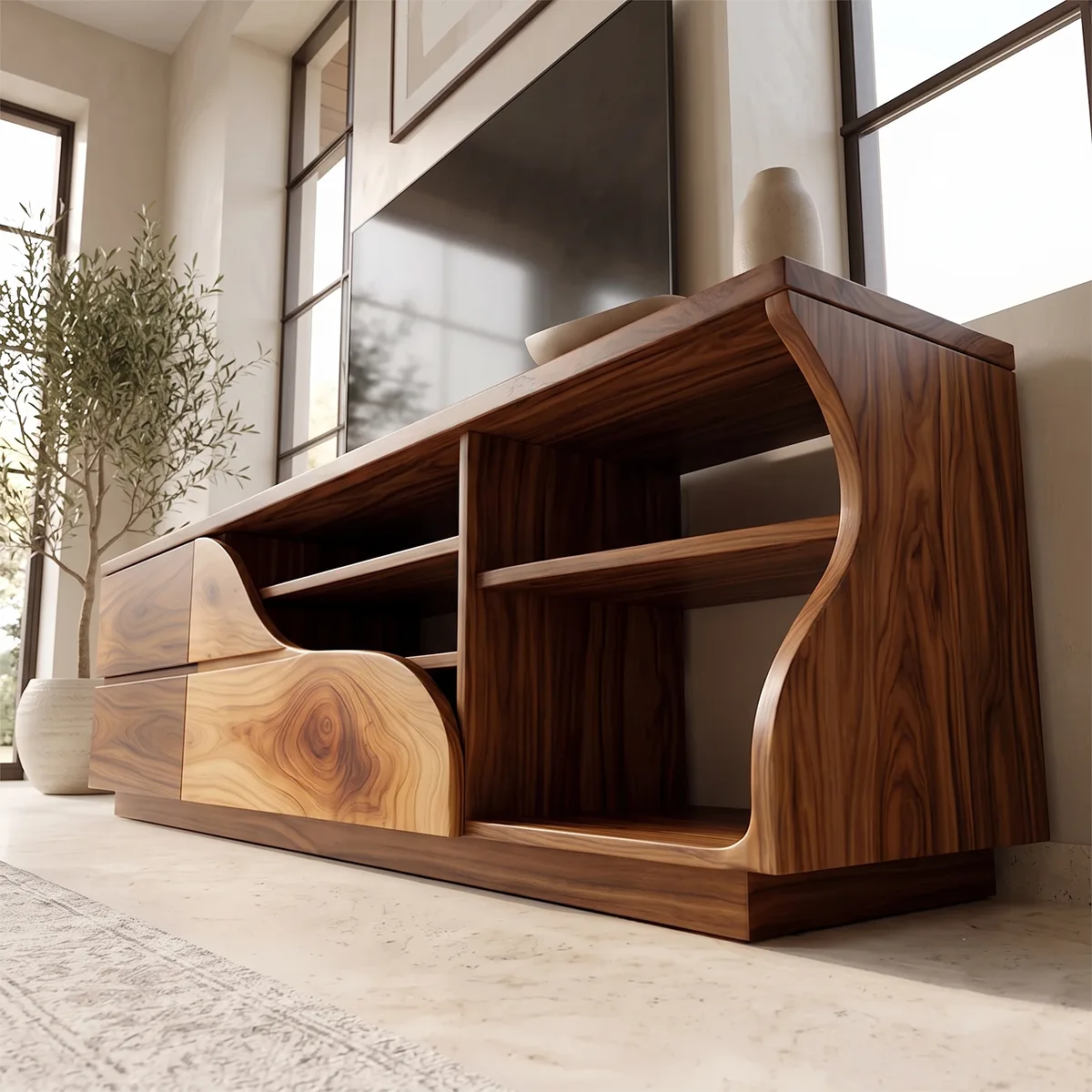 Asymmetrical TV Stand with Drawers & Open Shelves | Sculptural Media Console TH003-7SZG2XE