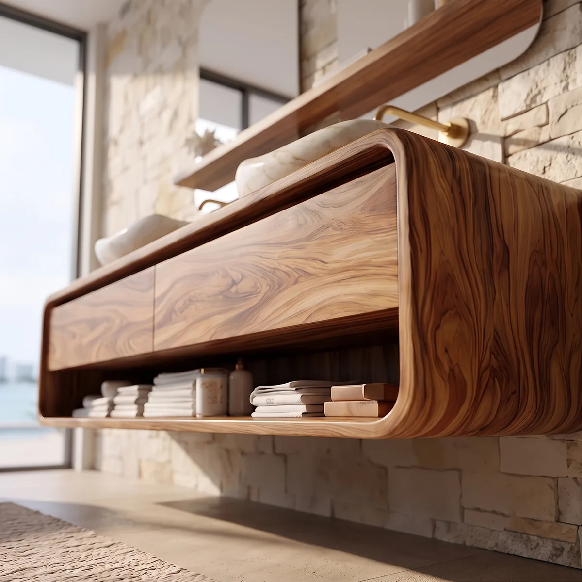Modern Double Sink Floating Bathroom Vanity with Two Drawers & Open Shelf TH003-9TFD3FP