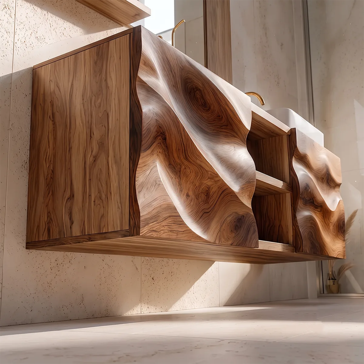 Modern Floating Bathroom Vanity with Sculpted Wave Front | Wall Mounted Bathroom Vanity TH003-3JBW4WW