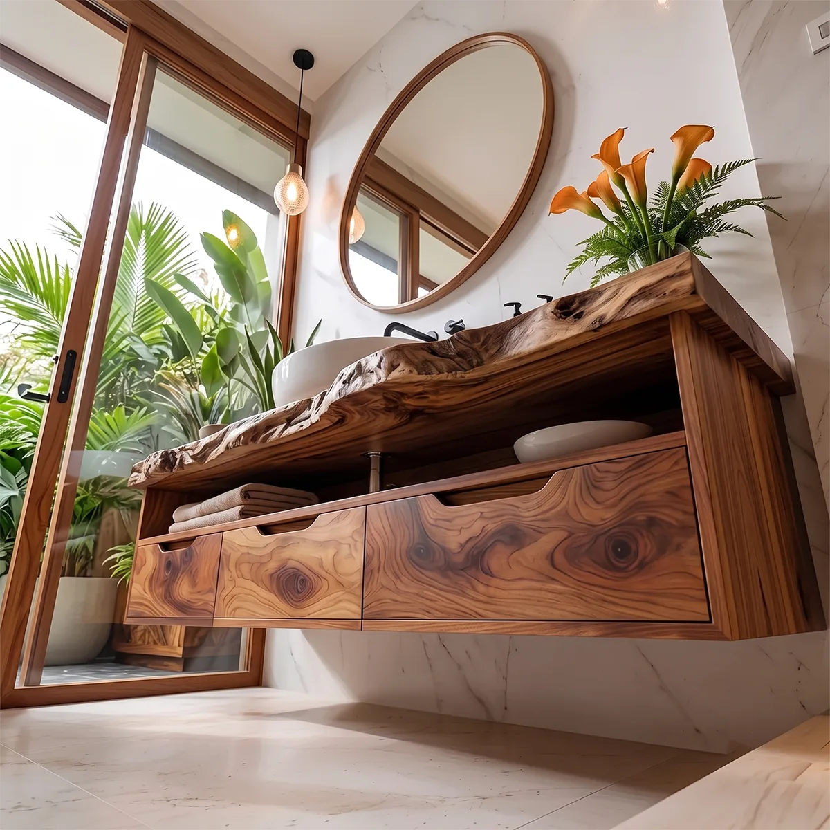 Organic Live Edge Floating Bathroom Vanity with Open Shelf & Drawers TH003-7JMQ3EG
