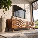 Modern Wave Front TV Stand with Dual Cabinets & Center Drawer | Contemporary Media Console TH003-9IBA7YN