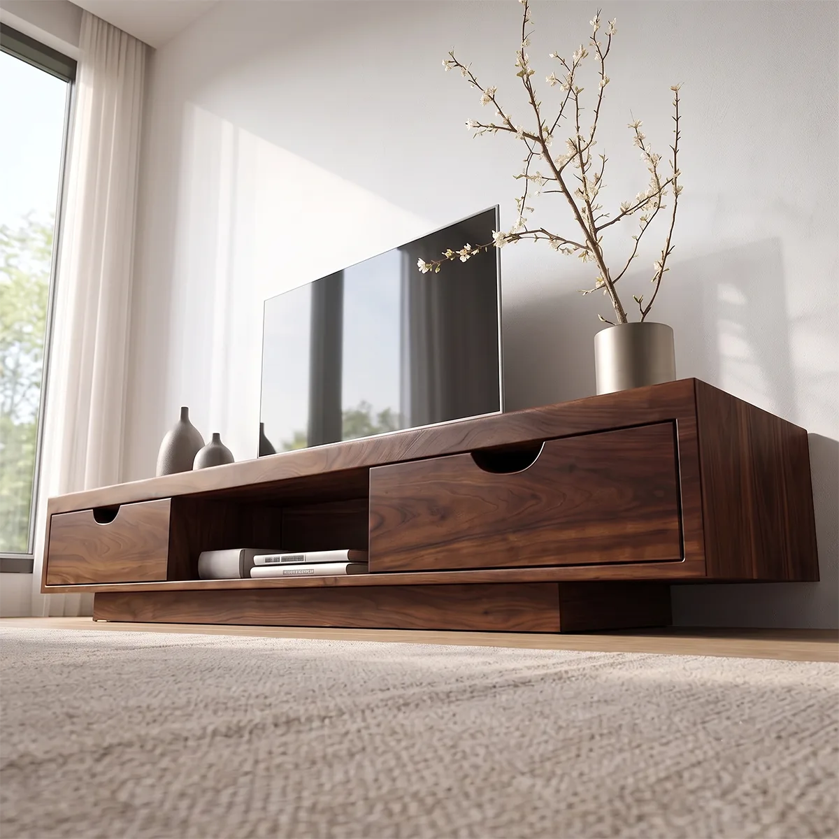Modern TV Stand with 2 Drawers & Open Shelf | Low Profile Media Console