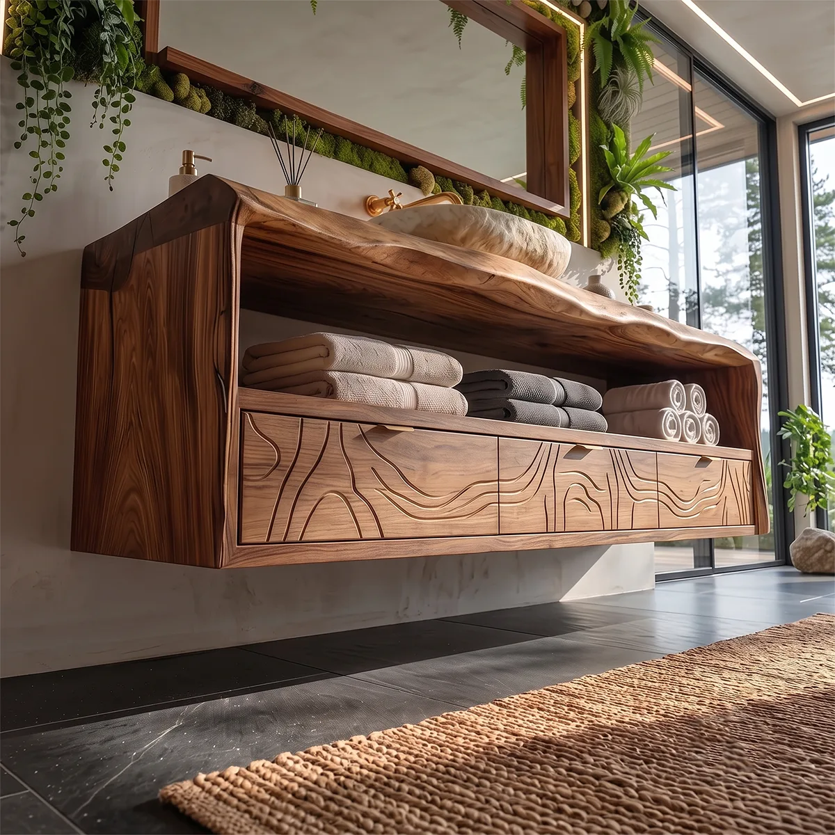 Floating Bathroom Vanity with Live Edge Countertop & Carved Drawer Fronts TH003-6UAW7UW