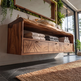 Floating Bathroom Vanity with Live Edge Countertop & Carved Drawer Fronts TH003-6UAW7UW