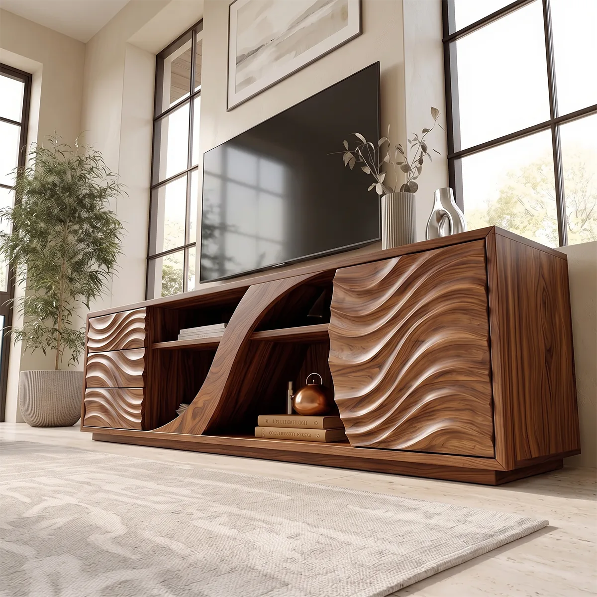 Wave Carved TV Stand with Drawers & Cabinet | Sculptural Media Console TH003-4MXF2YH