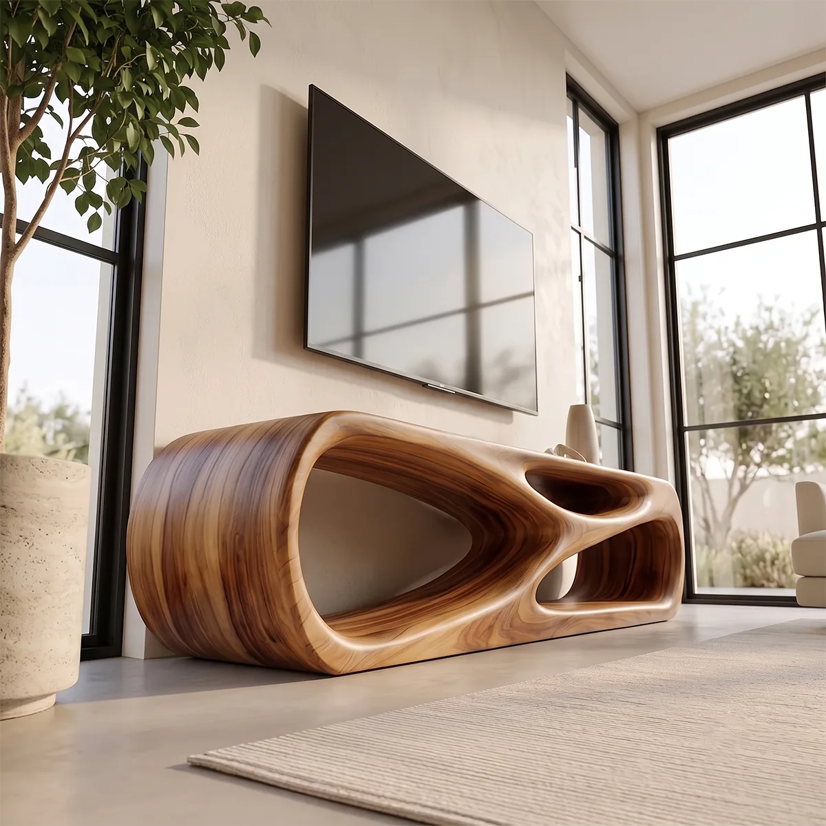 Sculptural TV Stand with Curved Open Shelves | Modern Media Console TH003-2TDK3XA