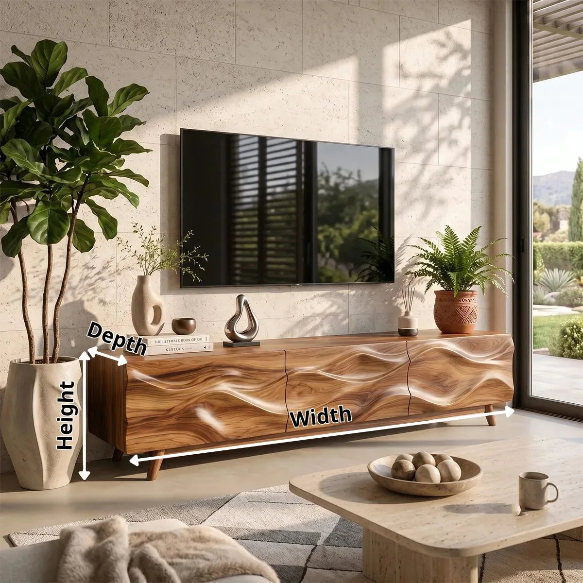 Wave Carved TV Stand with Cabinets & Drawer | Sculptural Media Console TH003-6OAB8FA