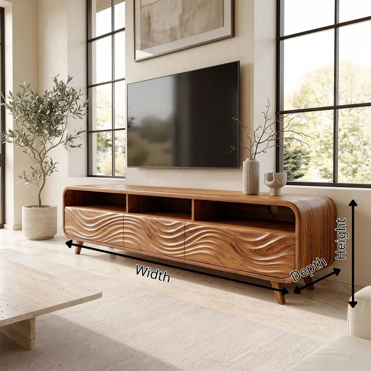 Wave Carved TV Stand with 3 Drawers & Open Shelves | Modern Media Console TH003-5GTN4YH
