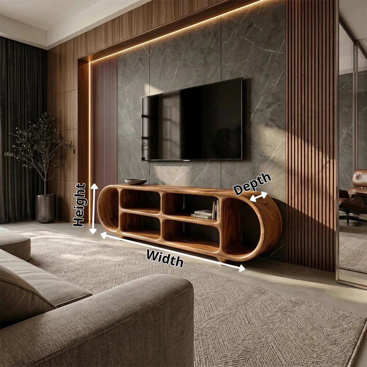 Sculptural TV Stand with Open Shelves | Organic Modern Media Console TH003-2CWG4EI