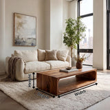 Modern Rectangular Coffee Table with Open Shelf | Rounded Sculptural Design