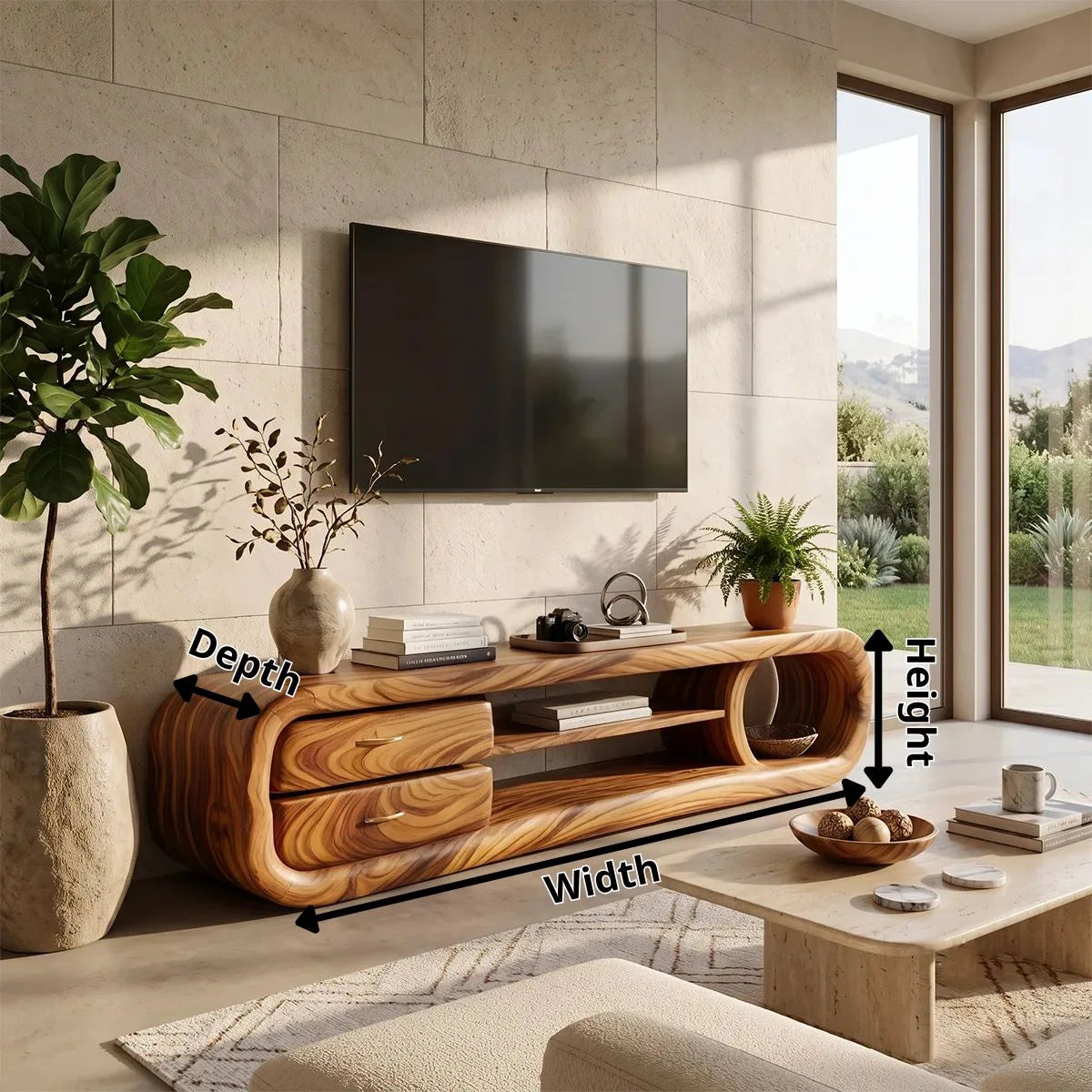 Organic Modern TV Stand with Sculptural Frame & Storage Drawers | Designer Media Console TH003-6JMS7OZ