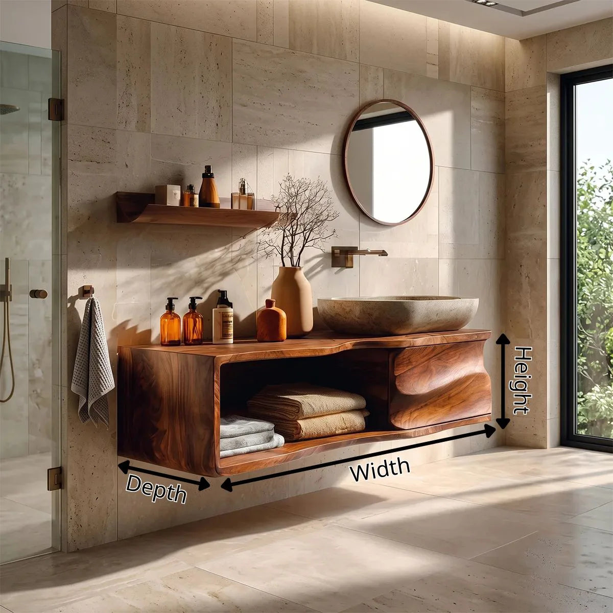 Floating Bathroom Vanity with Sculpted Cabinet & Open Shelf | Modern Wall Mounted Vanity