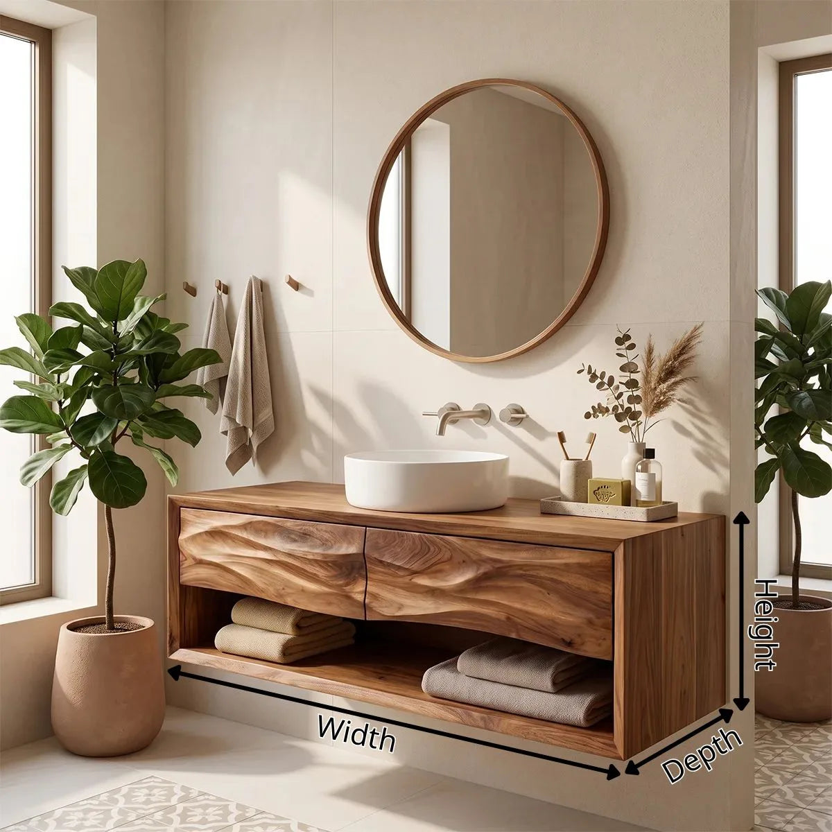 Floating Bathroom Vanity with 2 Sculpted Wave Drawers & Large Open Storage Shelf