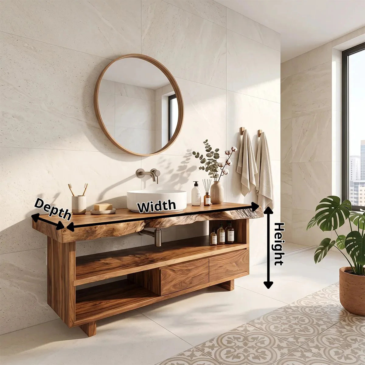 Live Edge Bathroom Vanity with Open Shelf & Drawers | Modern Organic Bathroom Cabinet