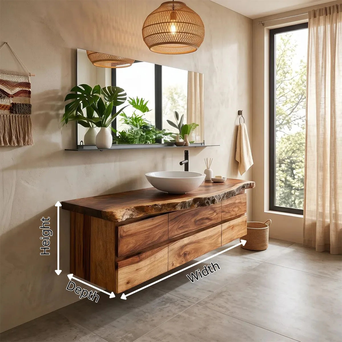 Live Edge Floating Bathroom Vanity with 6 Drawers | Modern Wall Mounted Bathroom Cabinet
