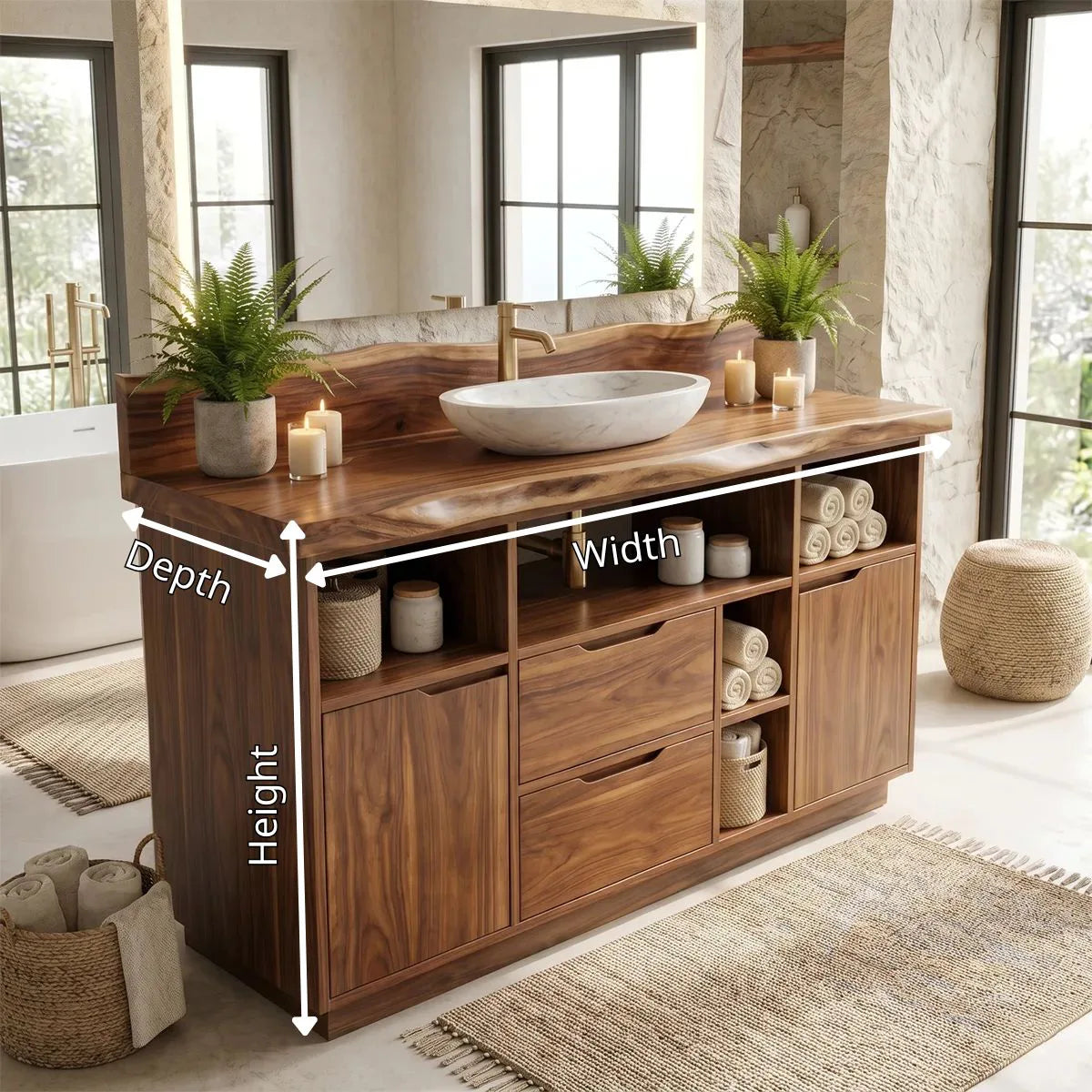 Freestanding Live Edge Bathroom Vanity with Drawers, Cabinets & Open Storage | Modern Wood Vanity