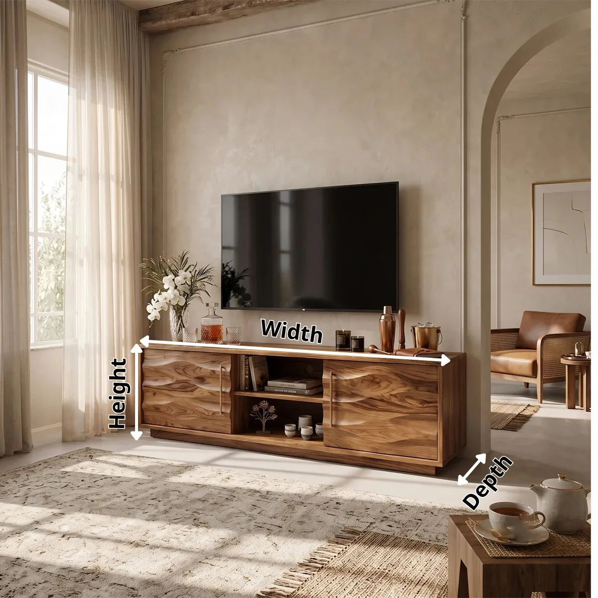 Wave Carved TV Stand with 2 Cabinets & Open Shelves | Media Console TH003-6UCU1VC