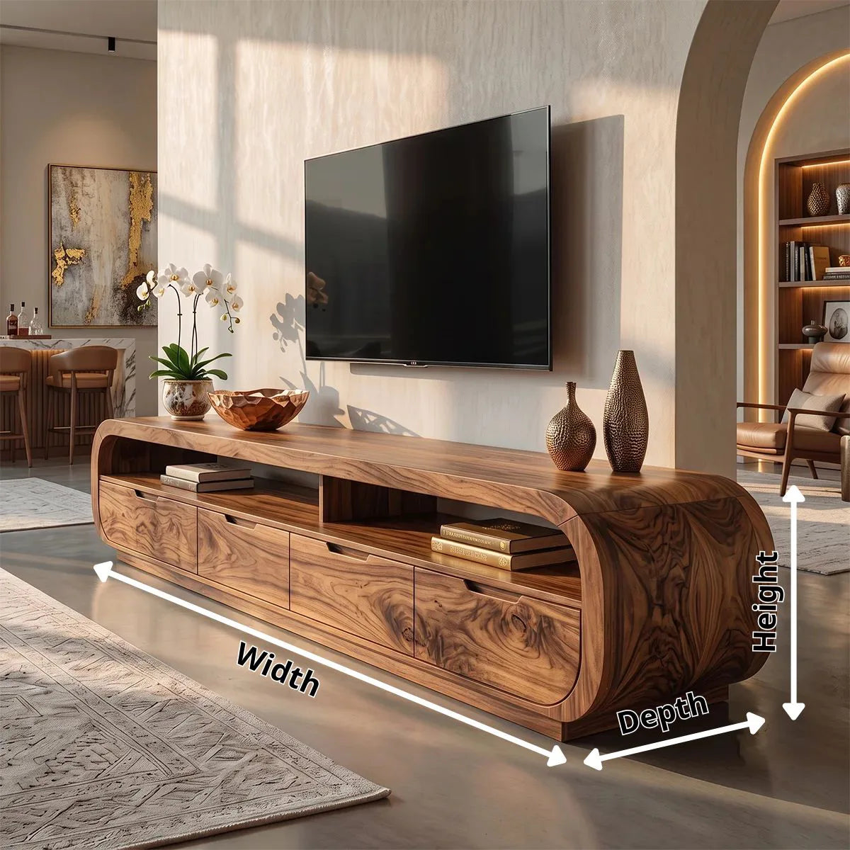 Rounded TV Stand with 4 Drawers & Open Shelves | Modern Media Console