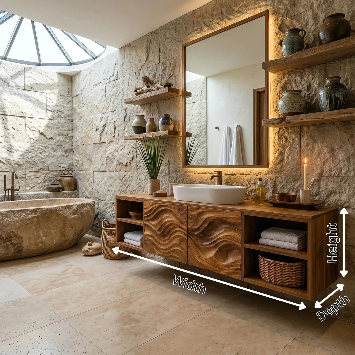 Floating Bathroom Vanity with Wave Carved Doors & Open Shelves | Modern Wall Mounted Vanity