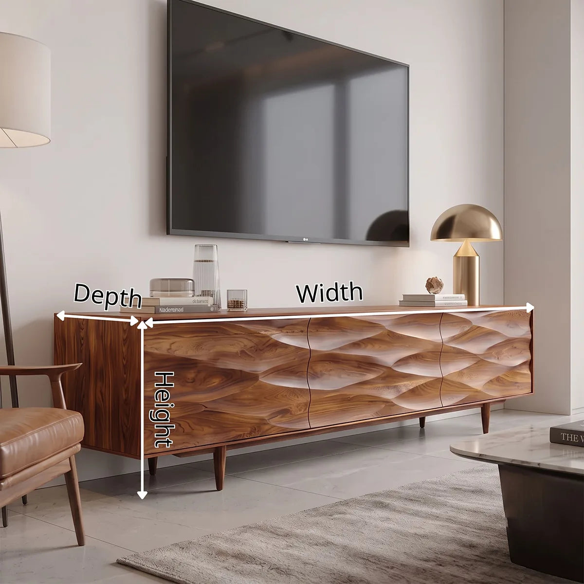 Sculptural Wave 3-Door TV Stand | Modern Carved Media Console