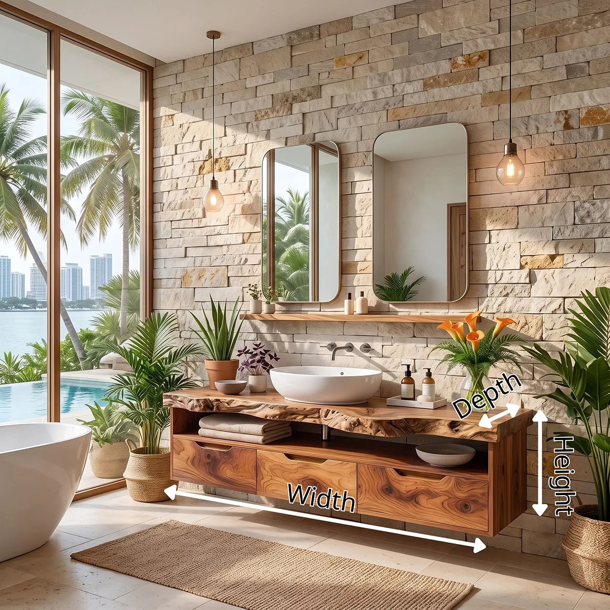 Organic Live Edge Floating Bathroom Vanity with Open Shelf & Drawers TH003-7JMQ3EG
