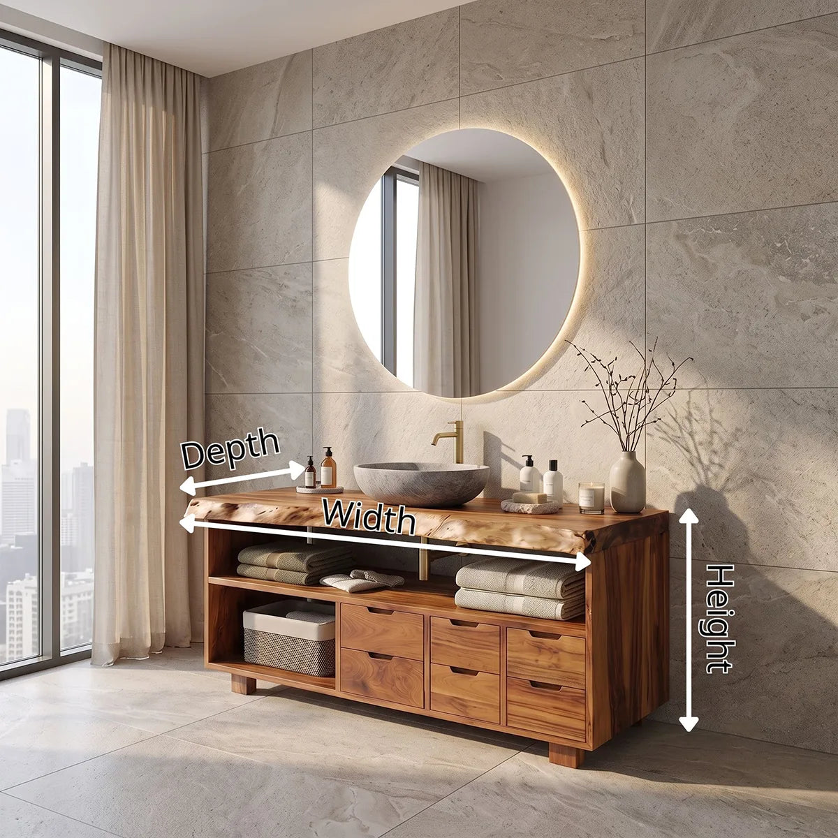 Live Edge Bathroom Vanity with Open Shelving & Multi-Drawer Storage TH003-9EZH8IM