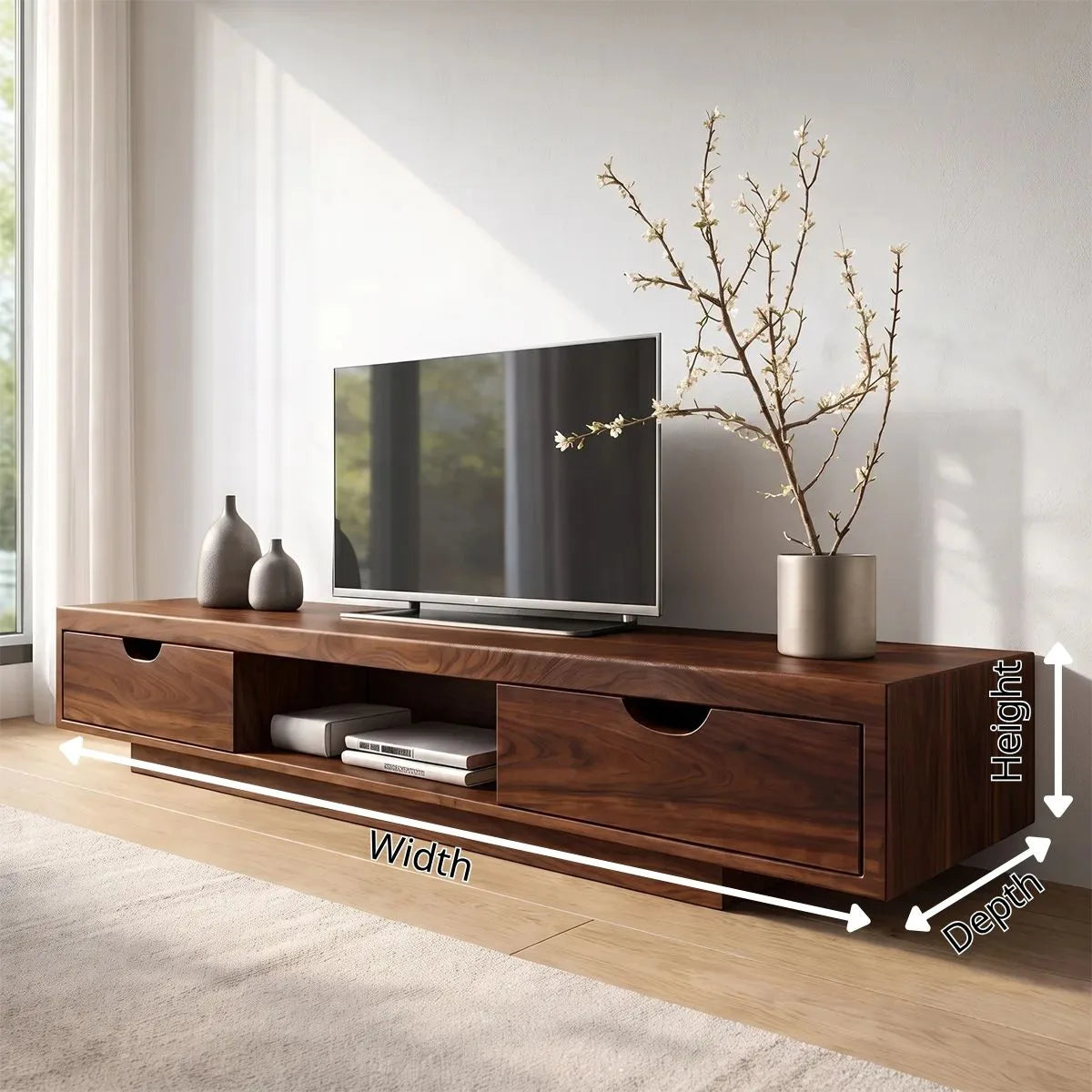 Modern TV Stand with 2 Drawers & Open Shelf | Low Profile Media Console