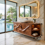 Sculptural Floating Bathroom Vanity with Artistic Wave Front & Open Side Shelves