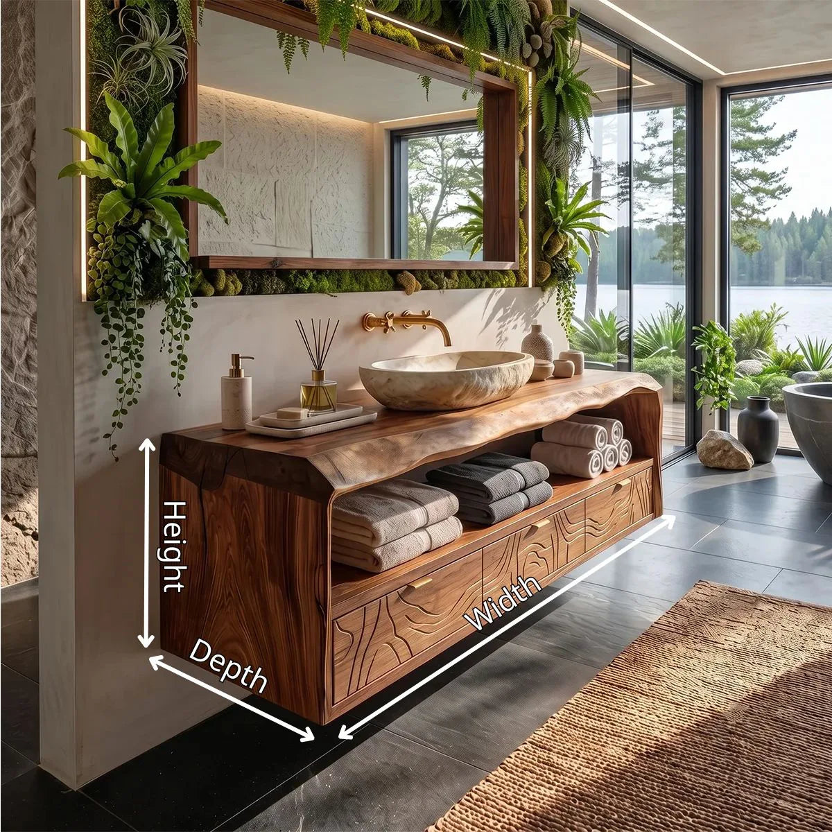 Floating Bathroom Vanity with Live Edge Countertop & Carved Drawer Fronts TH003-6UAW7UW