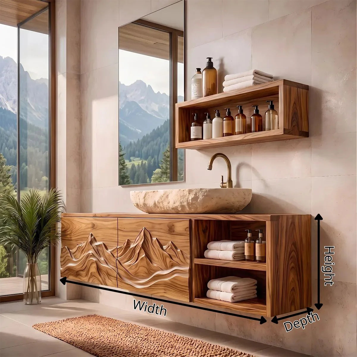 Floating Bathroom Vanity with Mountain Carved Doors & Open Side Shelves TH003-3HMW2TU