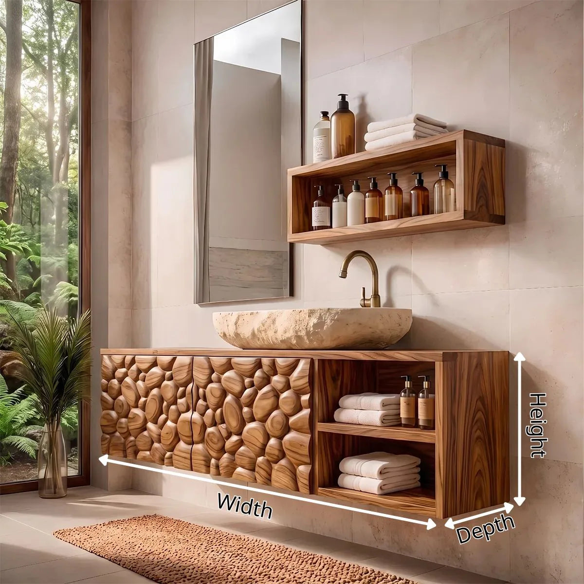 Floating Bathroom Vanity with Pebble Carved Doors & Open Side Shelves TH003-6VHK3DD