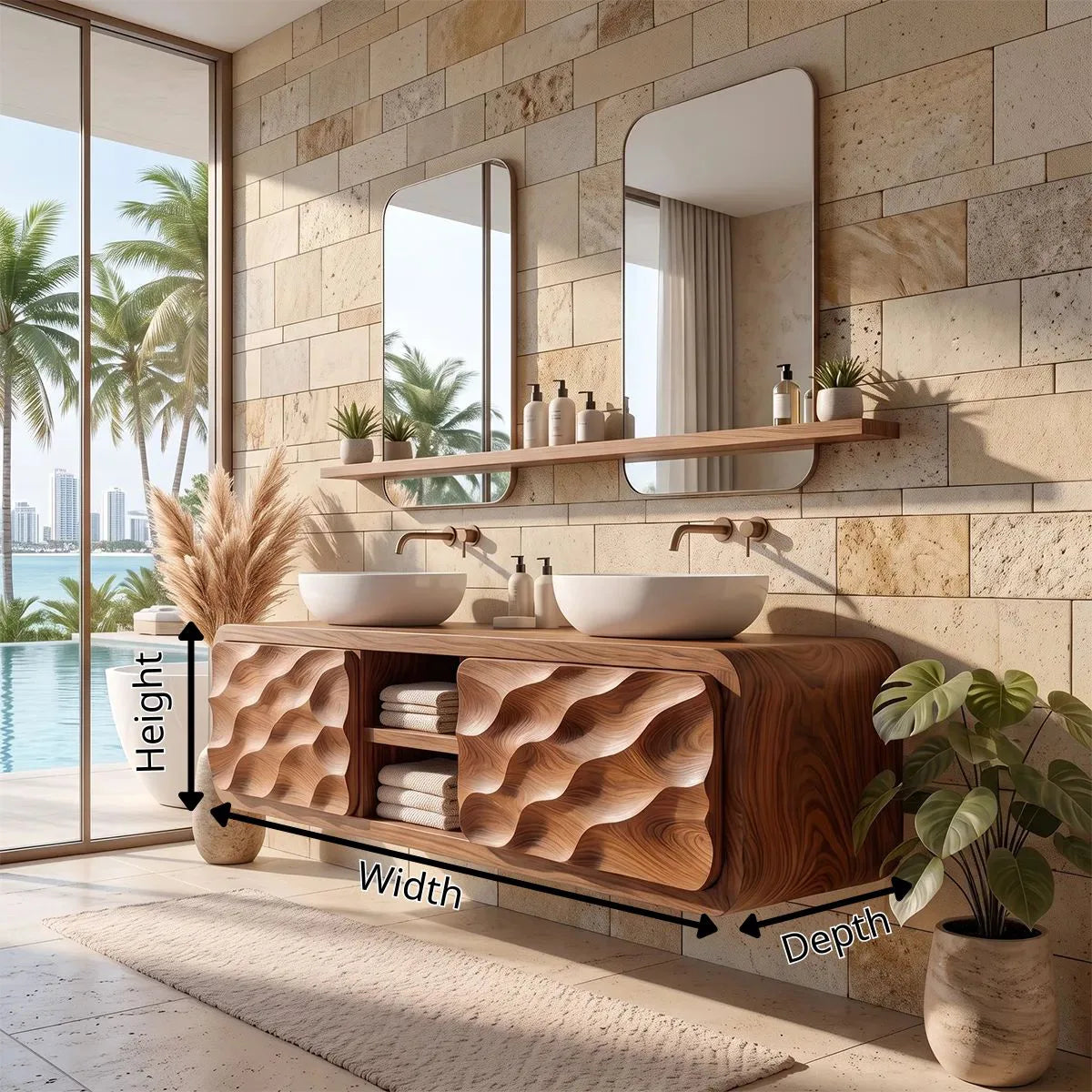 Modern Floating Bathroom Vanity with Wave Carved Doors & Center Open Shelves TH003-3UED6AZ