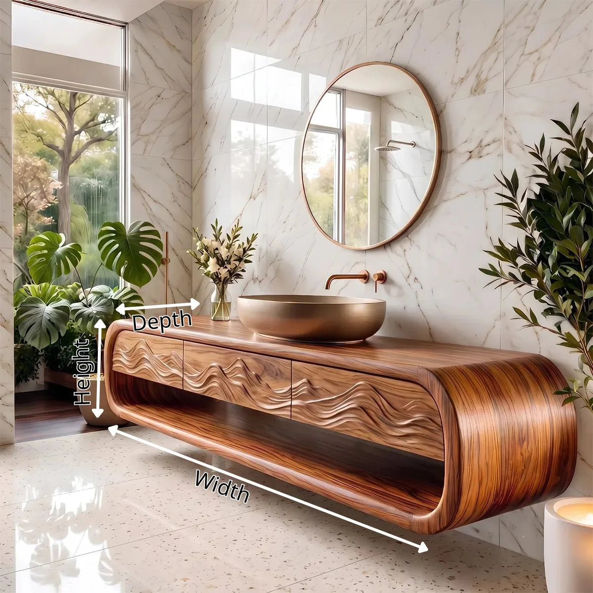 Modern Floating Bathroom Vanity with Drawers, Open Shelf & Curved Waterfall Design TH003-3PJG6FT