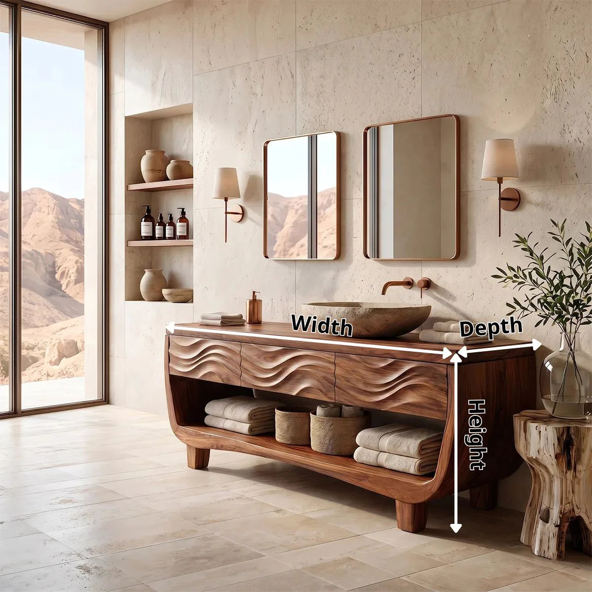 Sculptural Bathroom Vanity with Carved Wave Drawers & Open Storage Shelf