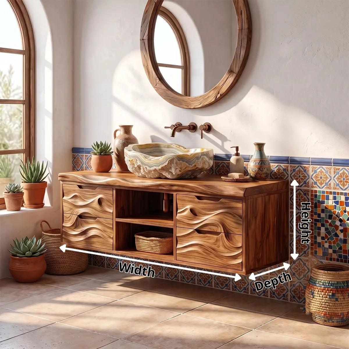 Organic Floating Bathroom Vanity with Cabinets, Open Shelves & Sculpted Wave Front TH003-7IJS3HC