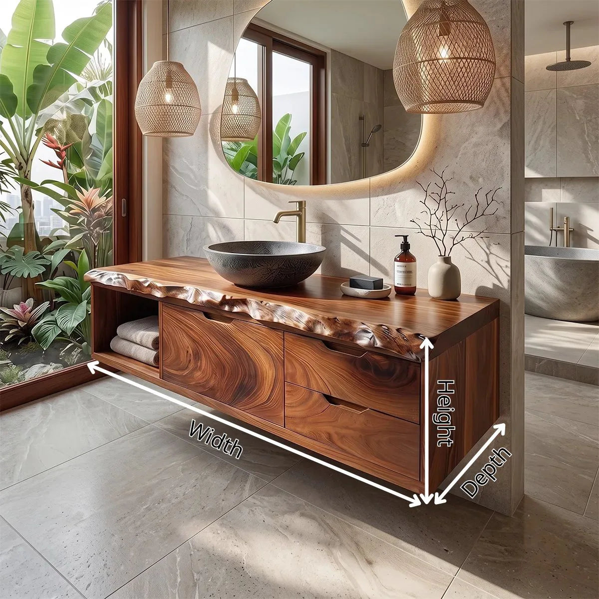 Floating Bathroom Vanity with Cabinet, Two Drawers & Open Shelf | Modern Live Edge Bathroom Vanity TH003-4SBL5MC
