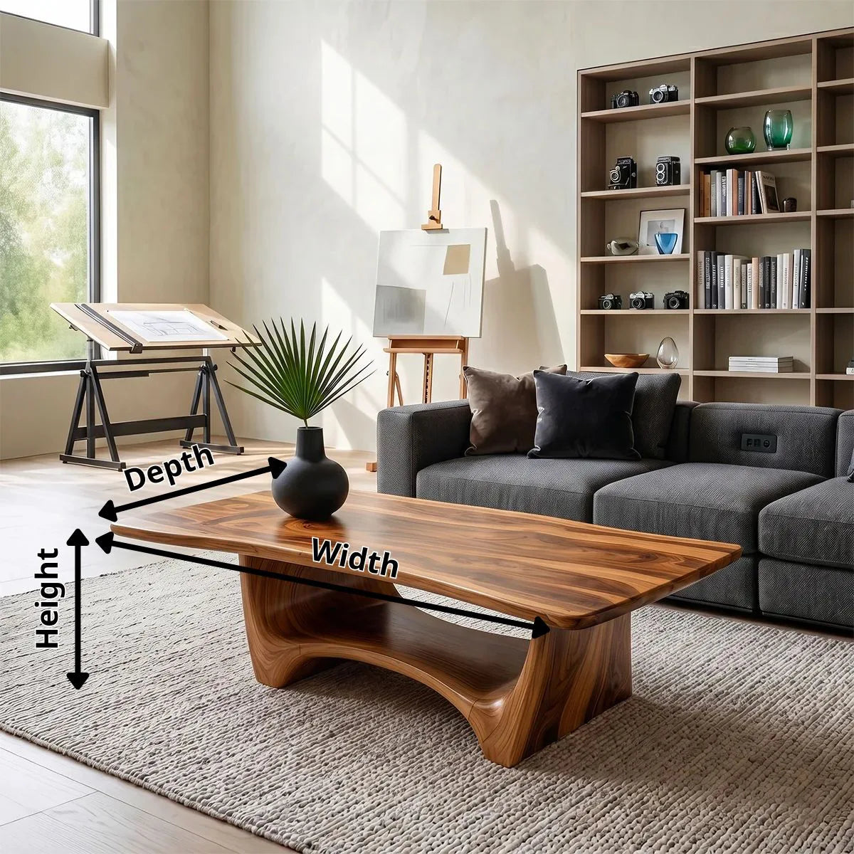 Organic Live Edge Coffee Table | Sculptural Waterfall Base Modern Living Room Table