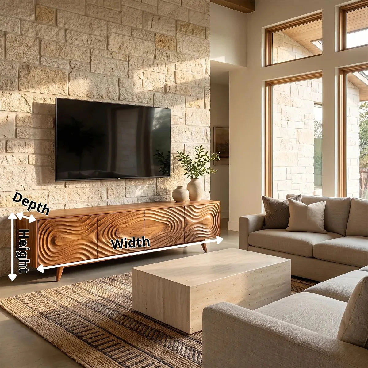 Topographic Relief TV Stand with Dual Cabinets & Center Drawers | Modern Media Console TH003-1QEW8AF