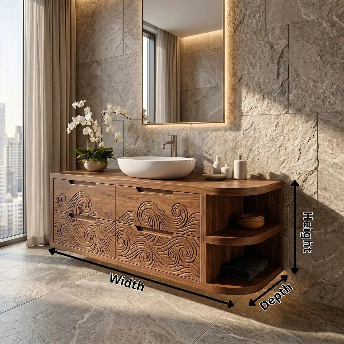 Floating Bathroom Vanity with Carved Wave Drawers & Curved Open Shelves | Modern Wall Mounted Vanity