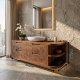 Floating Bathroom Vanity with Carved Wave Drawers & Curved Open Shelves | Modern Wall Mounted Vanity