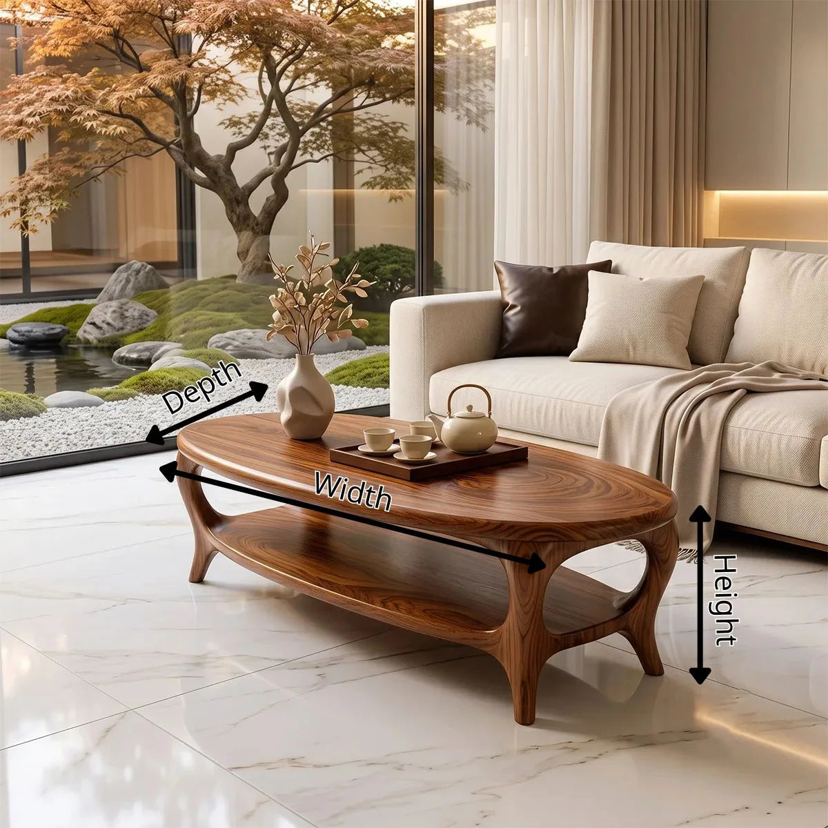 Modern Oval Coffee Table with Shelf | Sculptural Organic Center Table TH003-8066