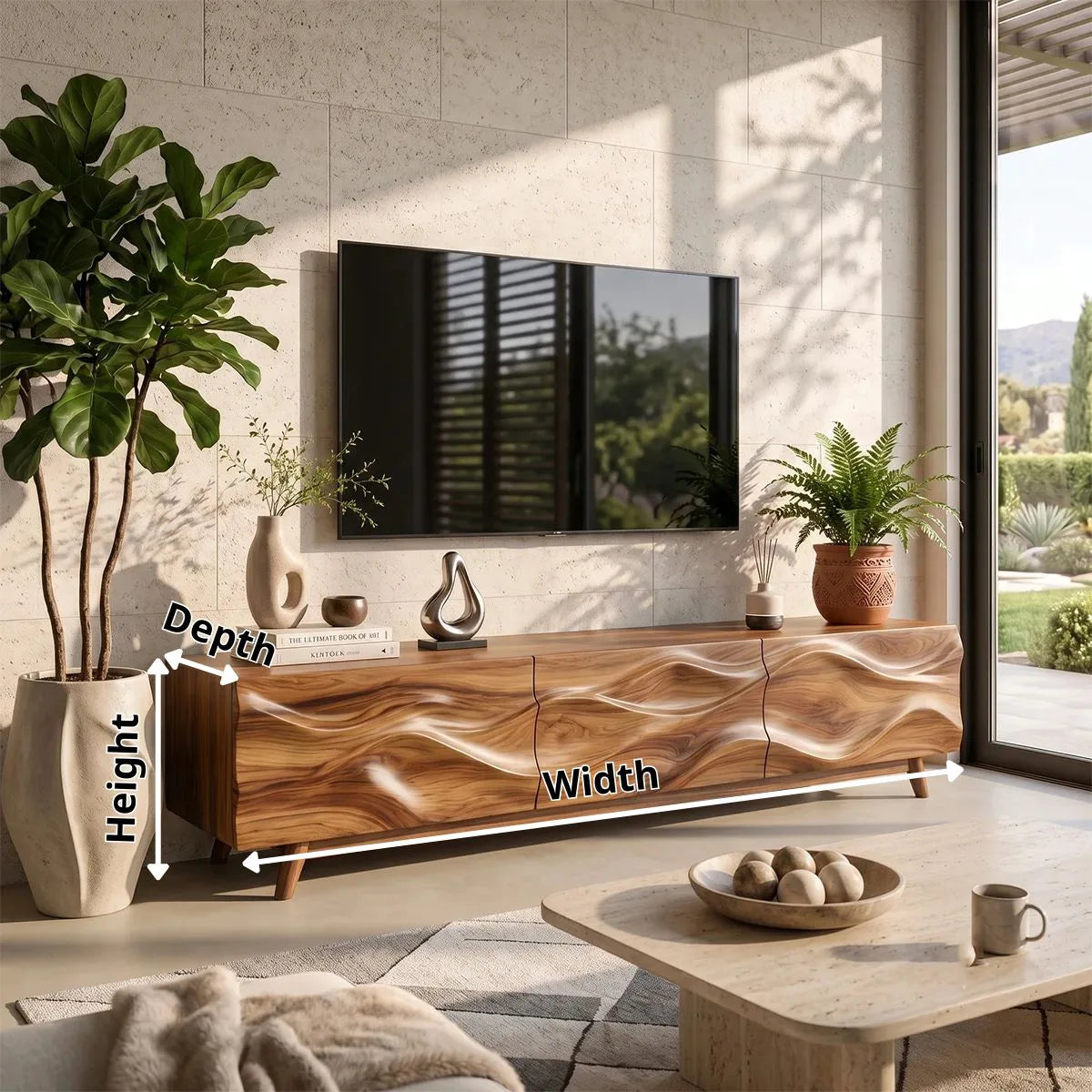 Wave Carved TV Stand with Cabinets & Drawer | Sculptural Media Console TH003-6OAB8FA