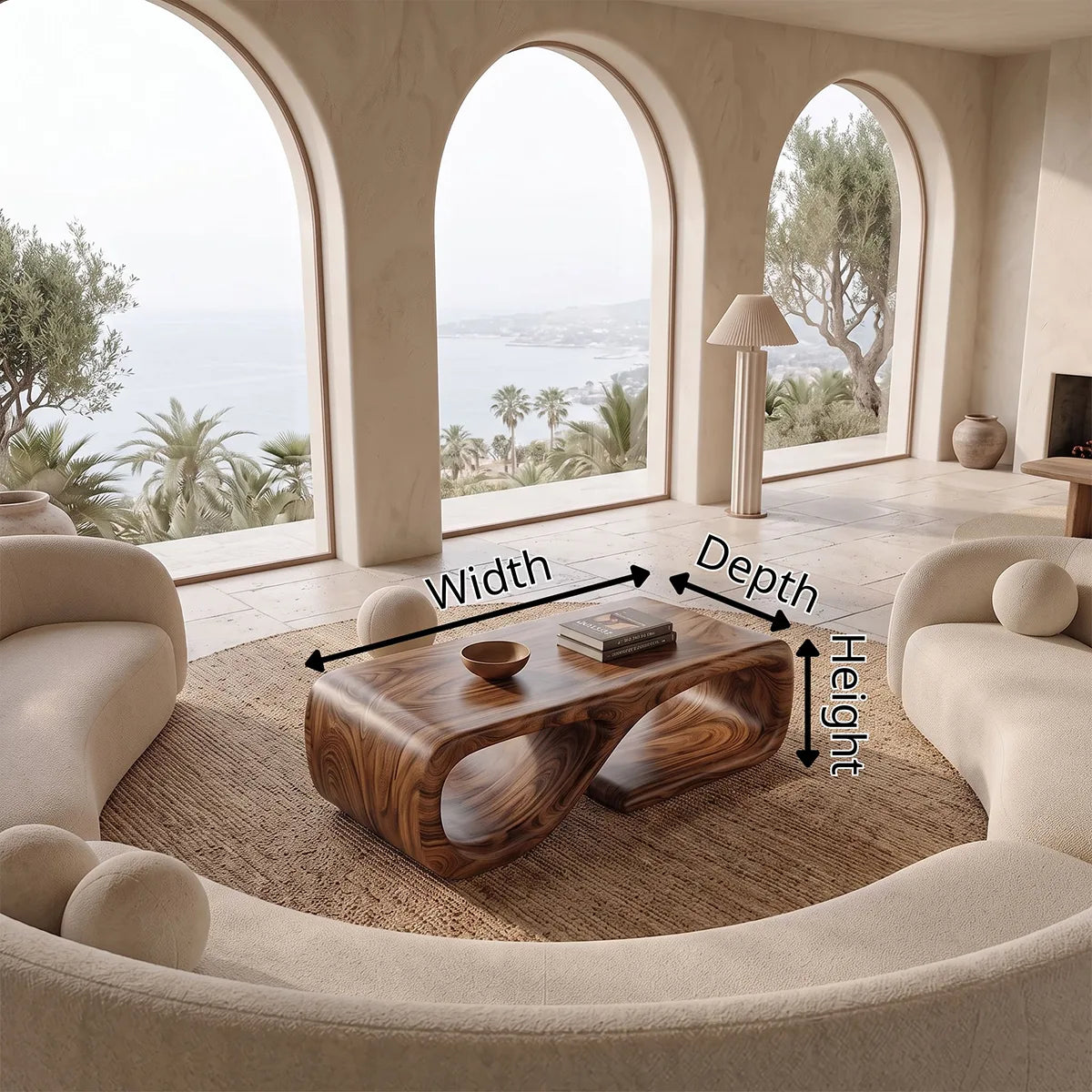 Sculptural Rectangular Coffee Table with Open Shelf | Organic Modern Rounded Center Table