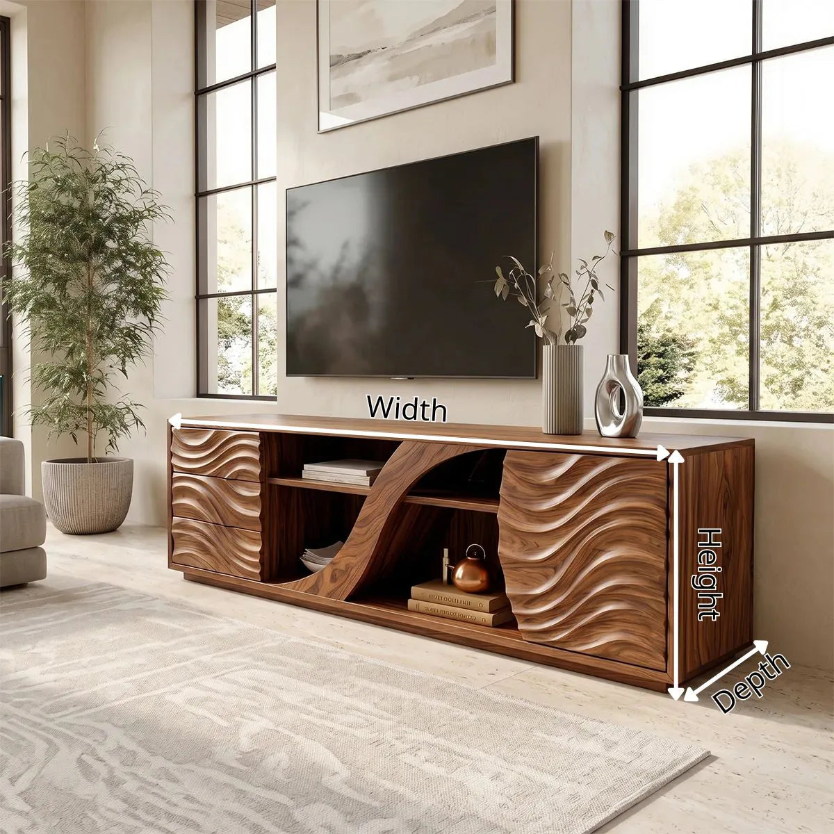 Wave Carved TV Stand with Drawers & Cabinet | Sculptural Media Console TH003-4MXF2YH
