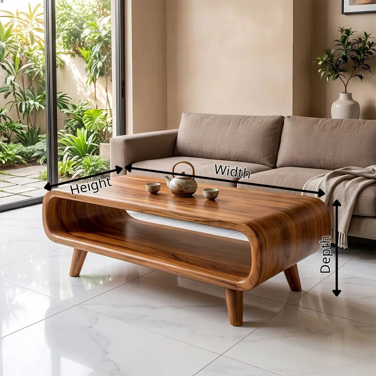 Modern Waterfall Coffee Table with Open Shelf | Mid-Century Curved Center Table for Living Room TH003-3124