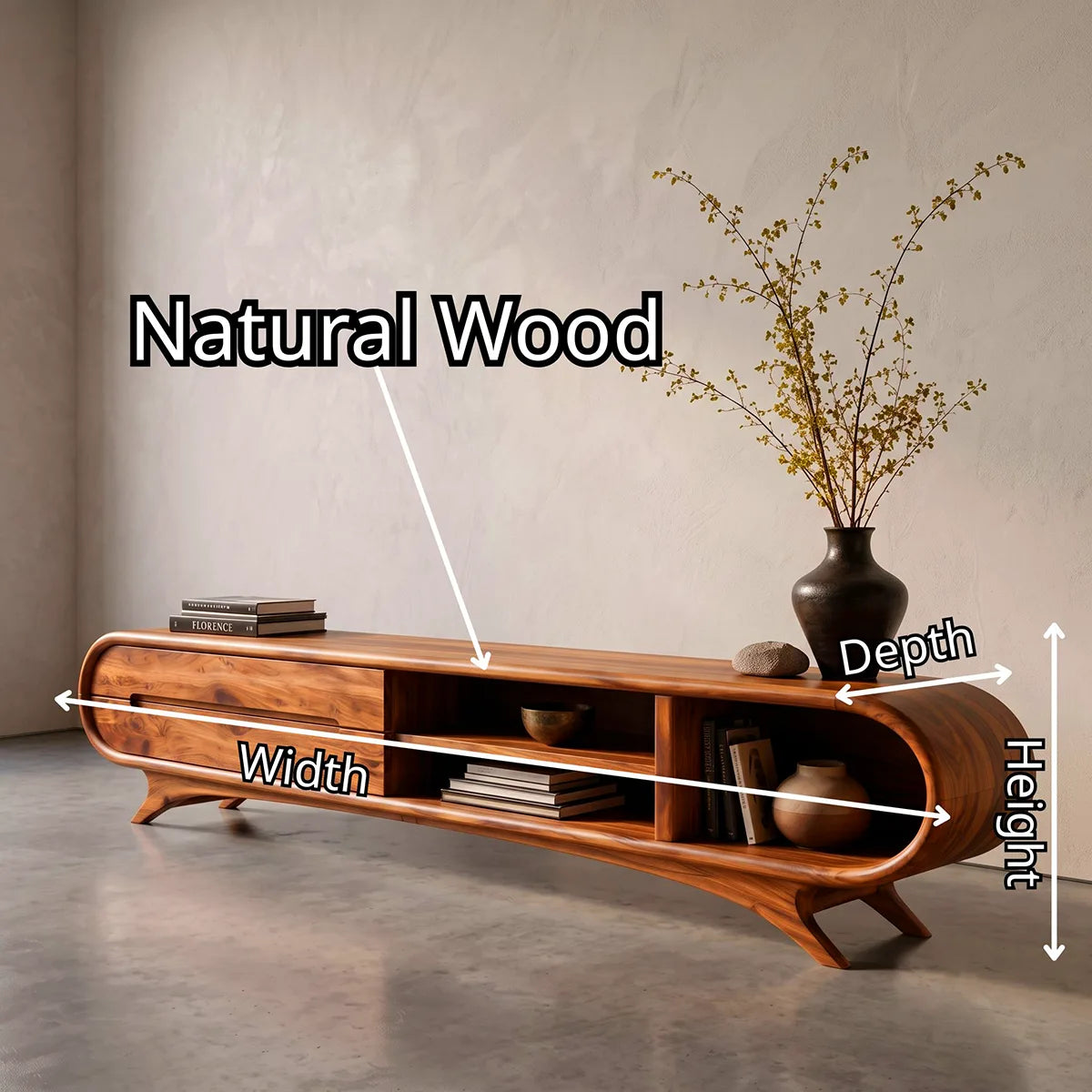 Modern Curved TV Stand with 2 Drawers & 3 Open Storage Areas | Sculptural Media Console
