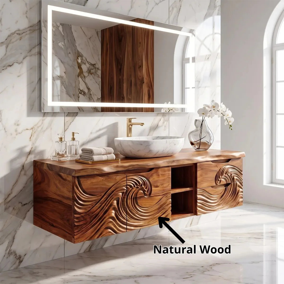 Modern Floating Bathroom Vanity with Wave Carved Cabinet, Open Shelf & Dual Drawers TH003-5MOV2YH