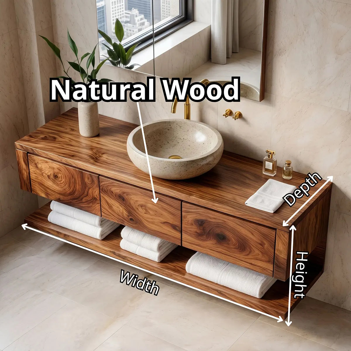 Floating Bathroom Vanity with 3 Drawers & Full-Length Open Shelf | Modern Minimalist Wall Mounted Design